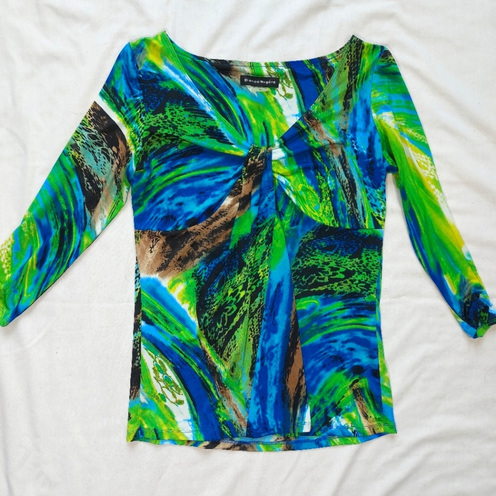 Bianca Nygard Long Sleeve Bright Green Blue Abstract Print Shirt, 8
